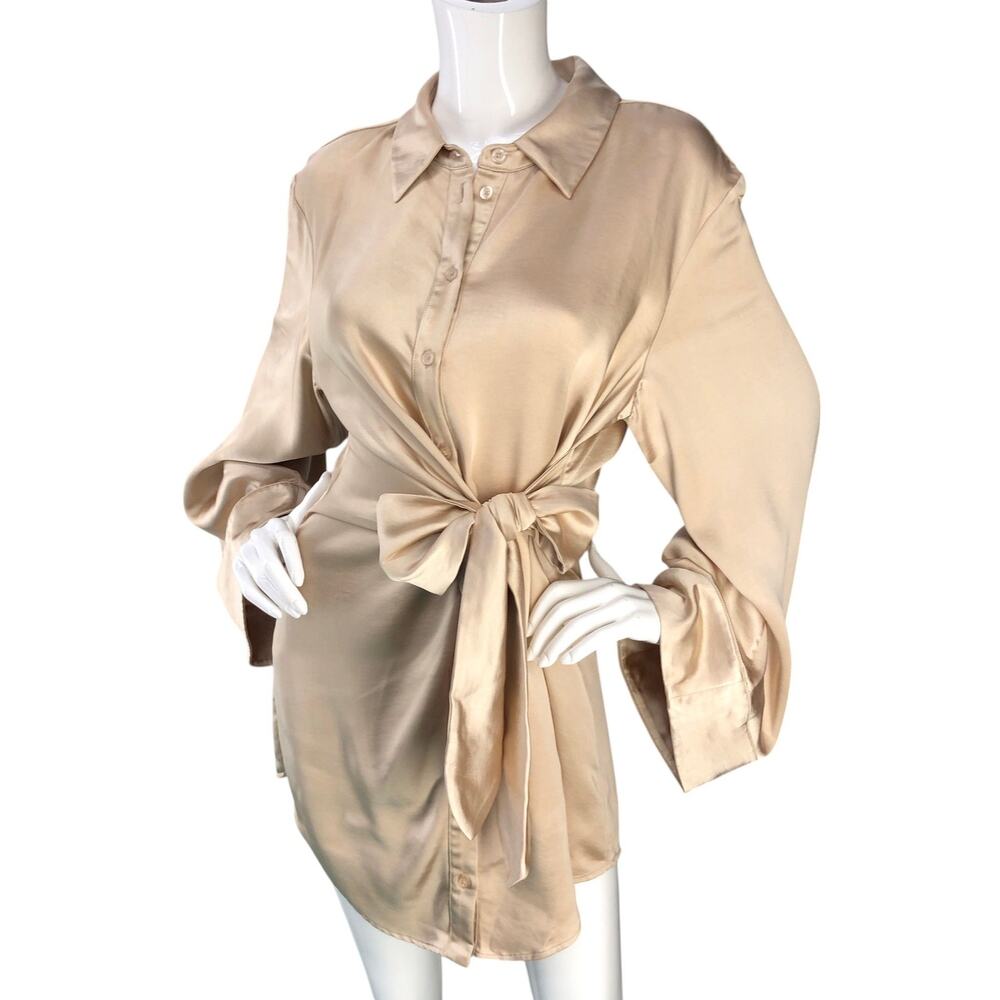 Song Of Style Marta Dress Women M Satin Tie Waist Tunic Blouse Beige Long Sleeve